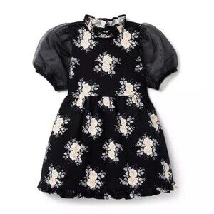 Janie & Jack Dress Size 2T Black Floral Puff Sleeve Ponte Preppy Festive Elegant